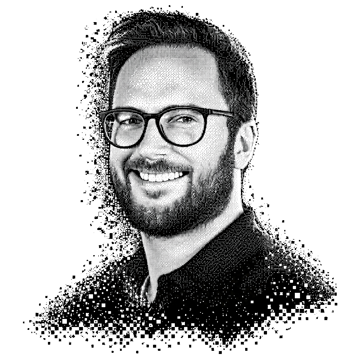Black and white pixel portrait of Toby Allen